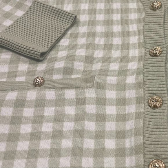 Joie Women’s Pale Green V Neck Gingham Print Gold Buttoned Cardigan, Size M - Picture 3 of 6